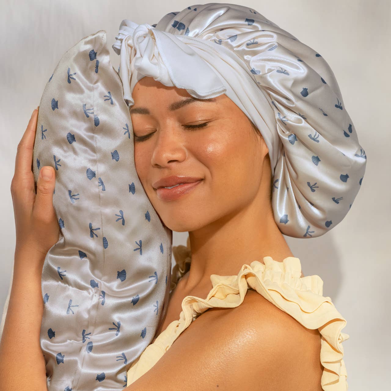 Oversized Satin Bonnet - Pearlized Cream & Coastal Blue Print -