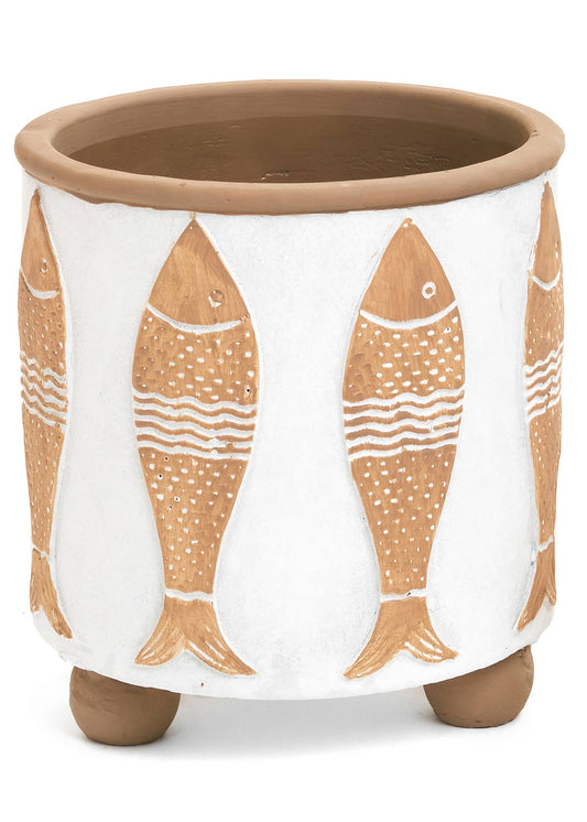 PLANTER LG FISH CMT WH/LT BROWN 7X7.5 -