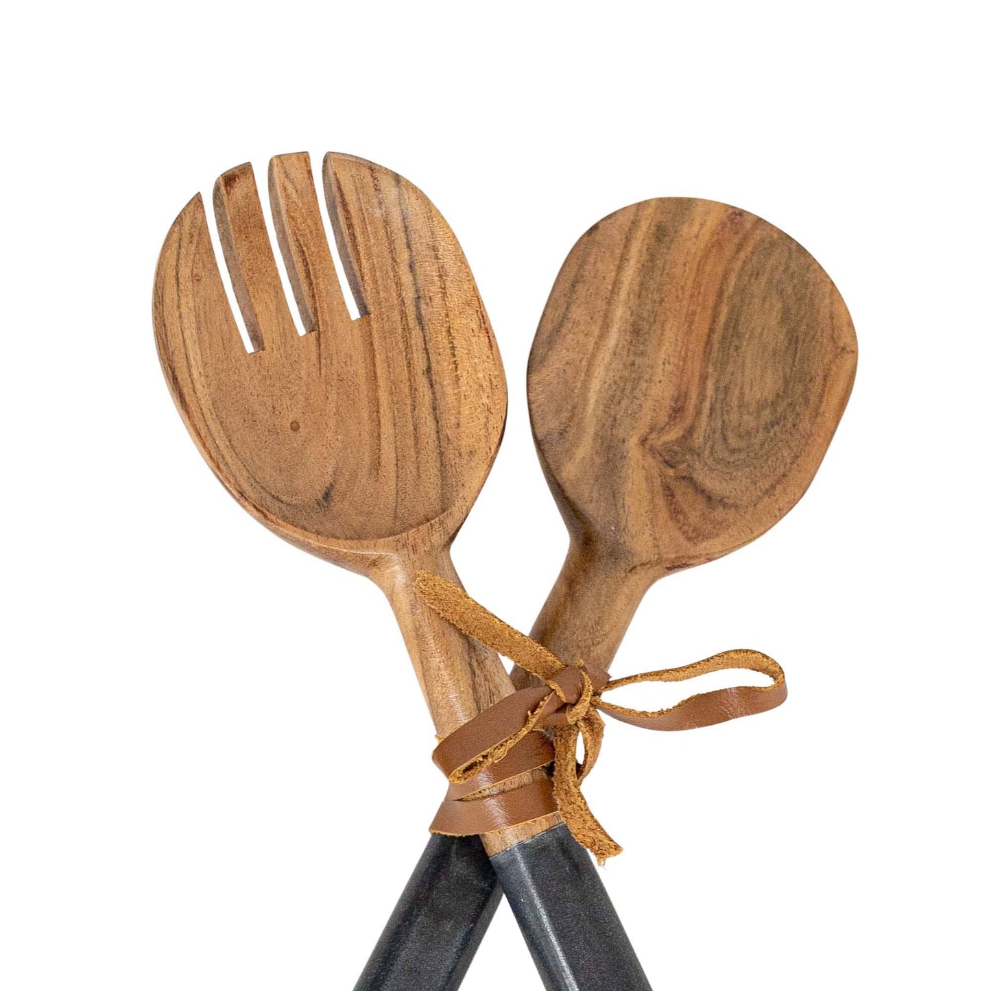 Louisa Set 2 Serving Wood Utensils Black Marble Handles -