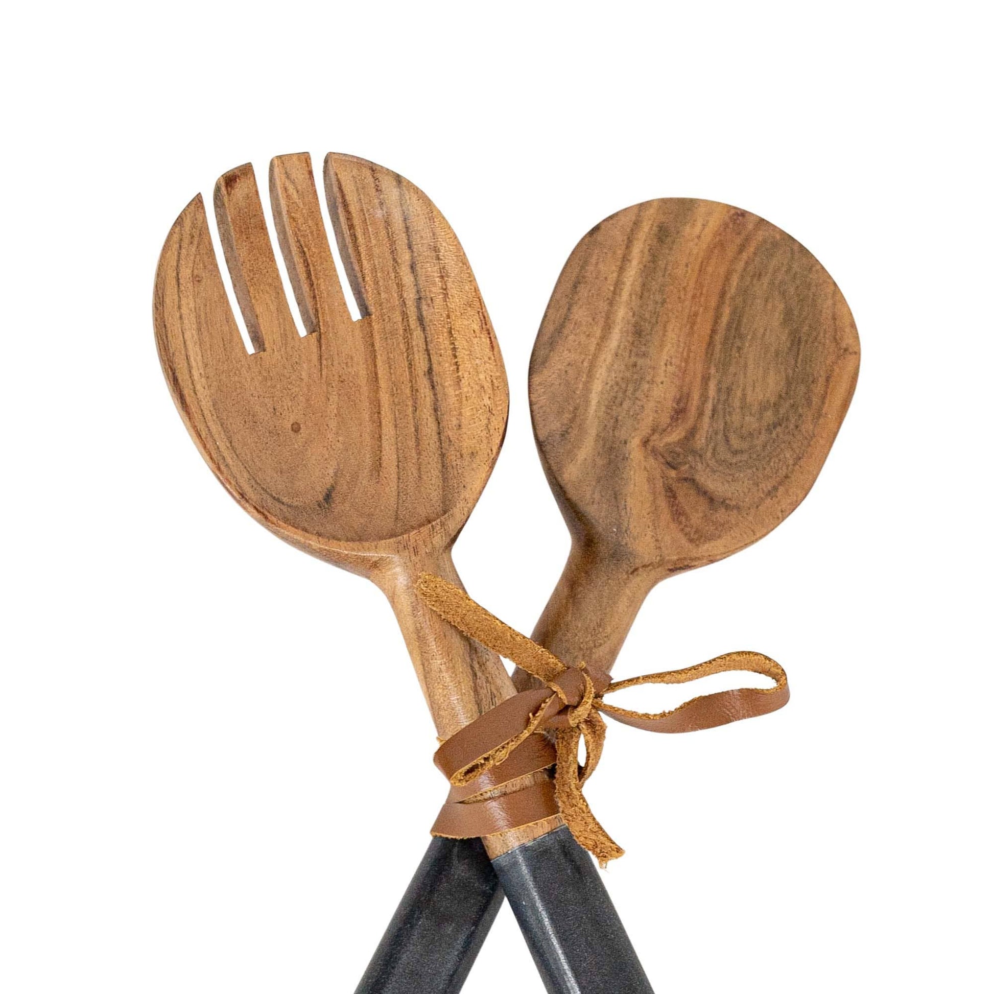 Louisa Set 2 Serving Wood Utensils Black Marble Handles -
