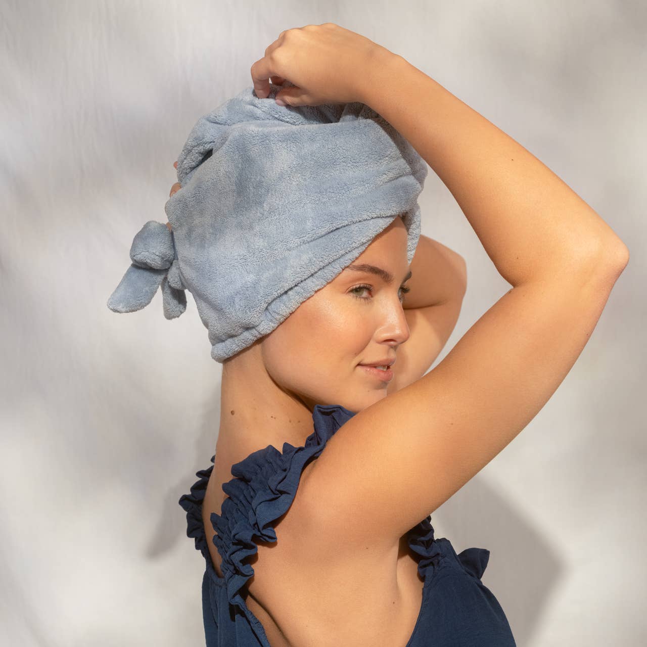 Plush Microfiber Hair Towel Turban with Bow - Coastal Blue -