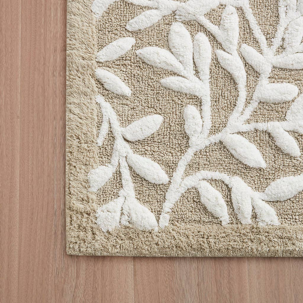 Dimensional Leaf Cotton Tufted Anti-Skid Bath Rug, Taupe -