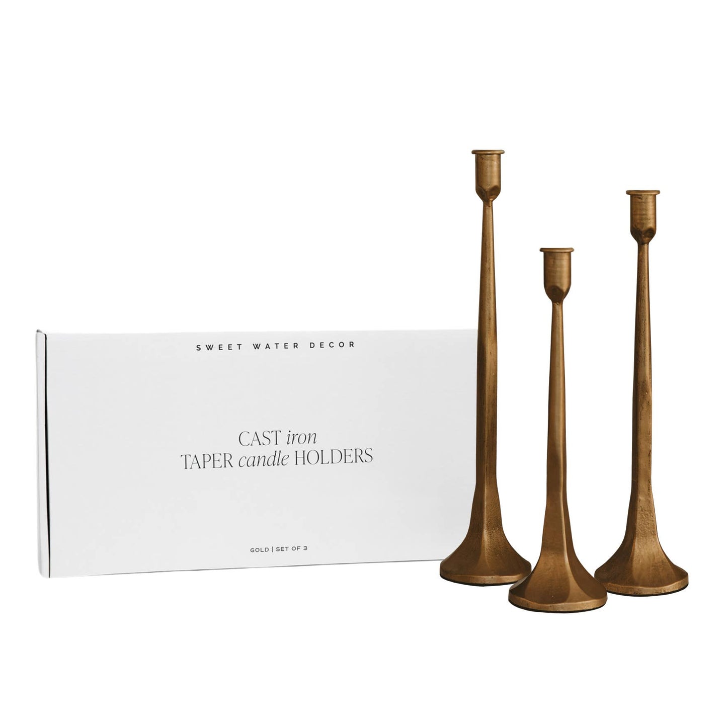 Gold Cast Iron Taper Candle Holders, Set of 3 -