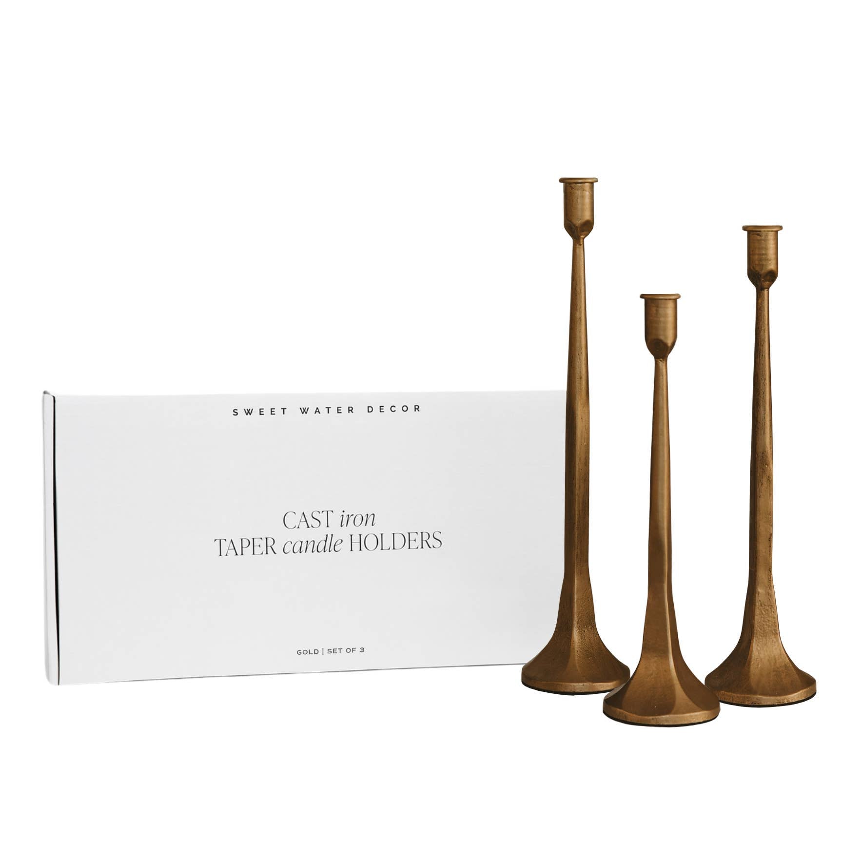 Gold Cast Iron Taper Candle Holders, Set of 3 -