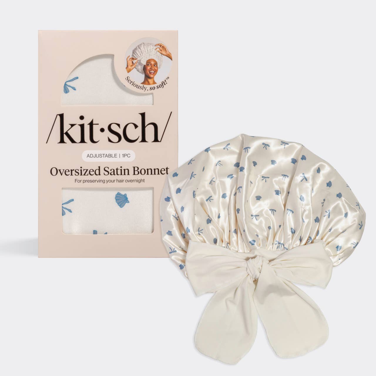 Oversized Satin Bonnet - Pearlized Cream & Coastal Blue Print -