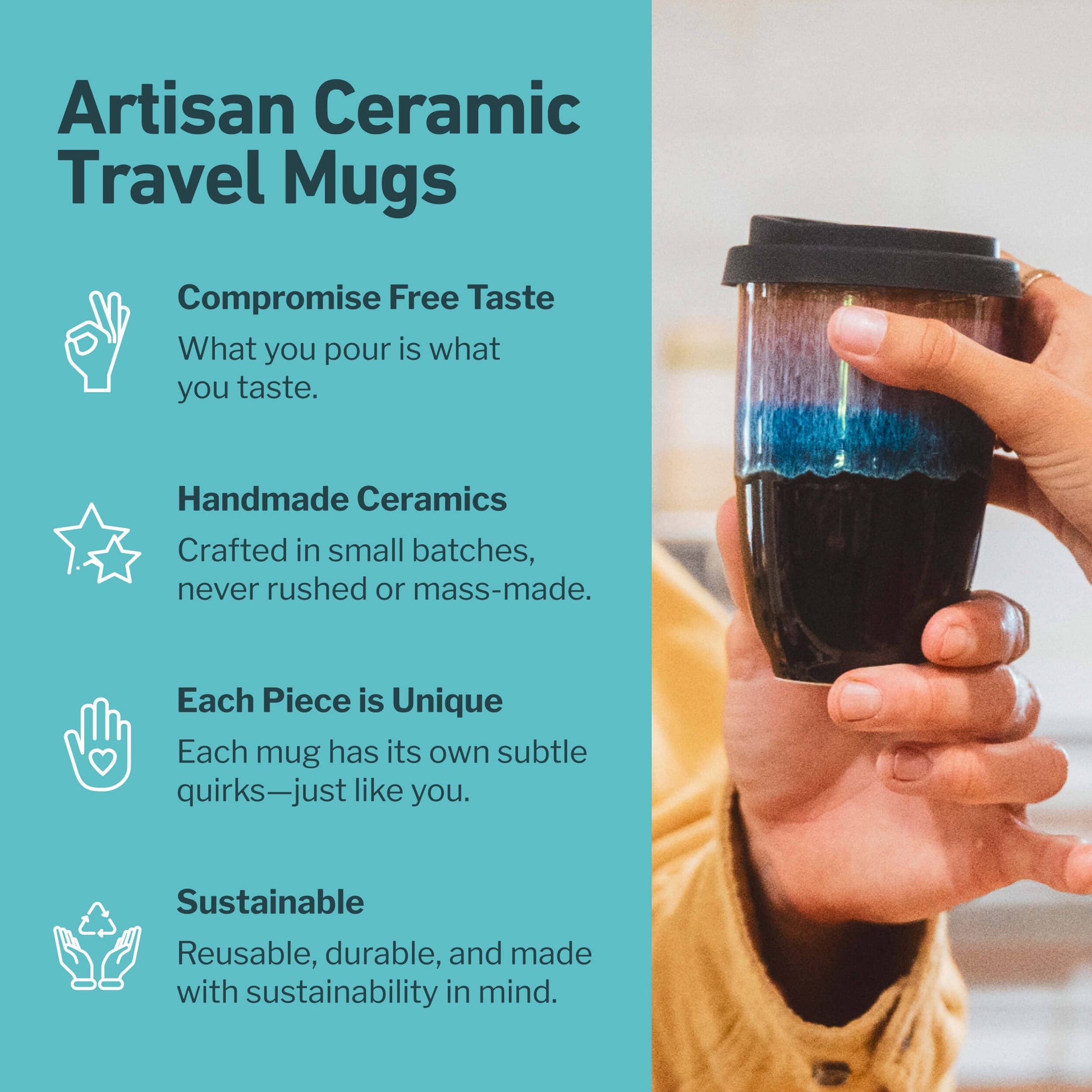 Monsoon Ceramic Mug – 12oz Reusable Cup with Lid -