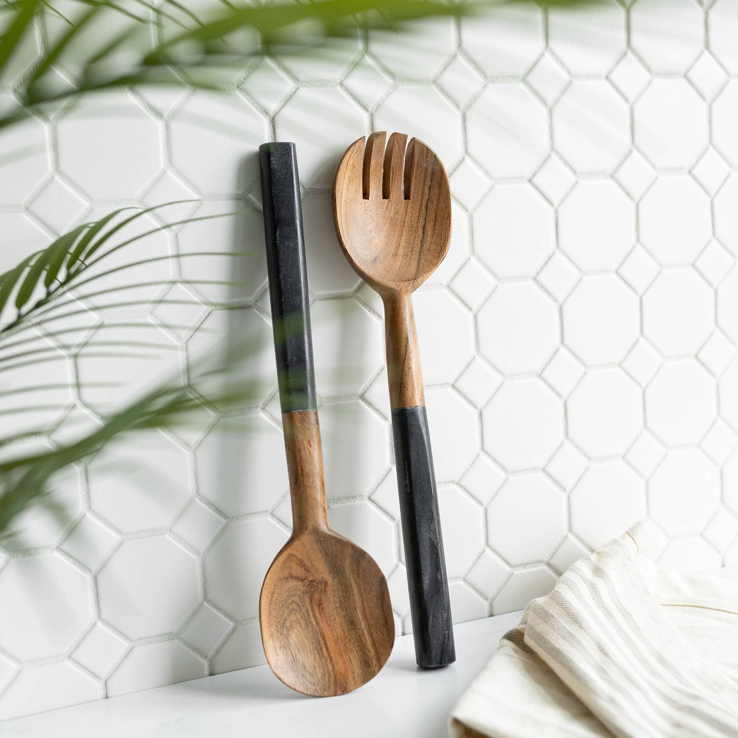 Louisa Set 2 Serving Wood Utensils Black Marble Handles -