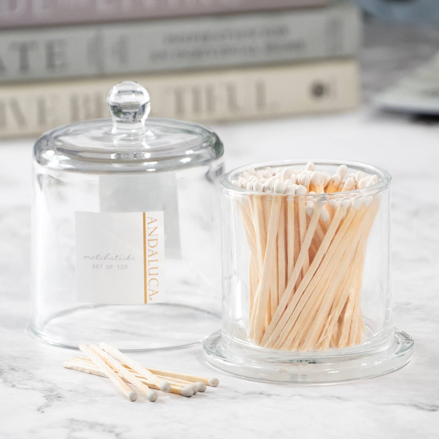 Glass Jar with Lid & 120 Wooden White Matches -